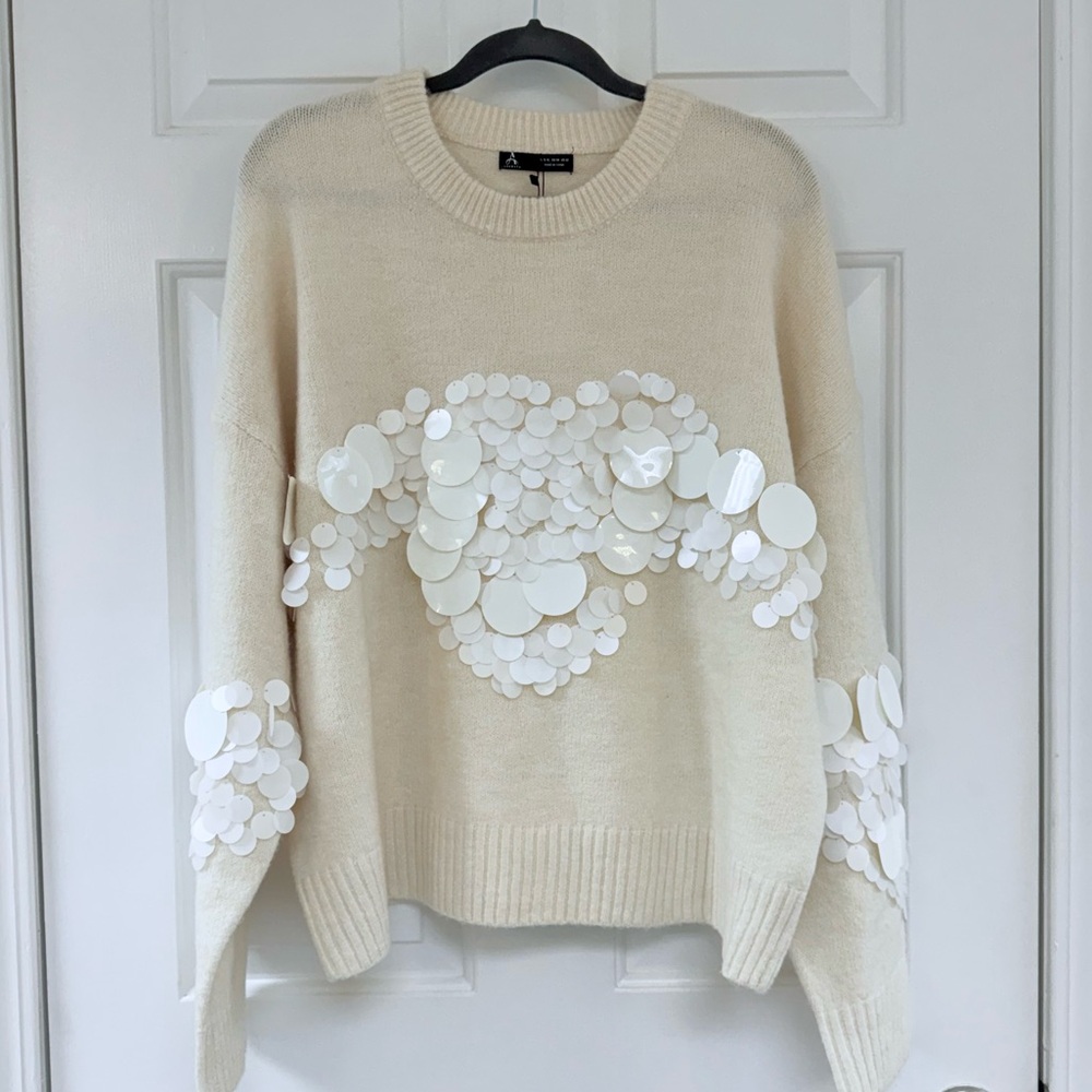 New! Anewsta Elegant Cream Crew Neck Sweater with White Sequins, XL - Picture 2 of 8